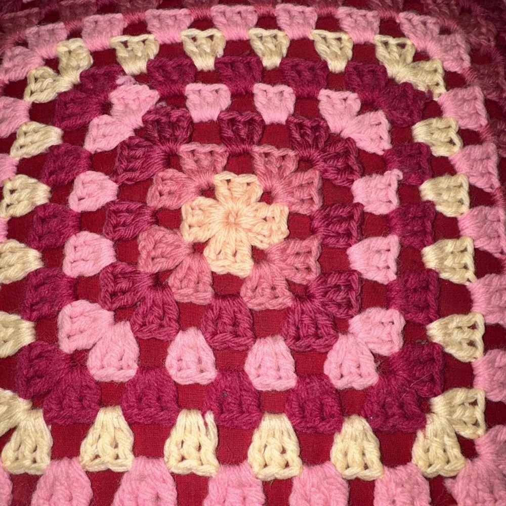 vintage granny square pillow Double Sided Pink Red Magenta Valentine